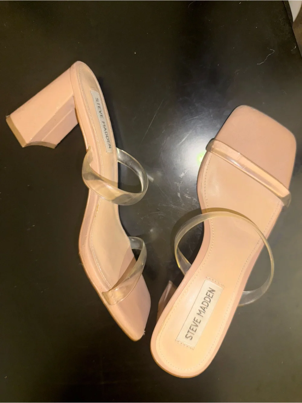 Steve Madden Clear-Strap Nude Square Toe Heels